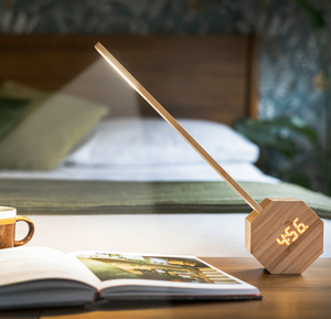 Gingko Octagon One Plus Portable Alarm Clock and Desk Light Bamboo